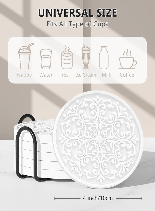 Aiawoxc Drink Coasters, Coasters Set of 6 for Cup with Holder, Non-Slip Silicone Cup Mats for Hot and Cold Drinks, Cute Absorbent Coffee Bar Accessories Table Decor, White - Image 2